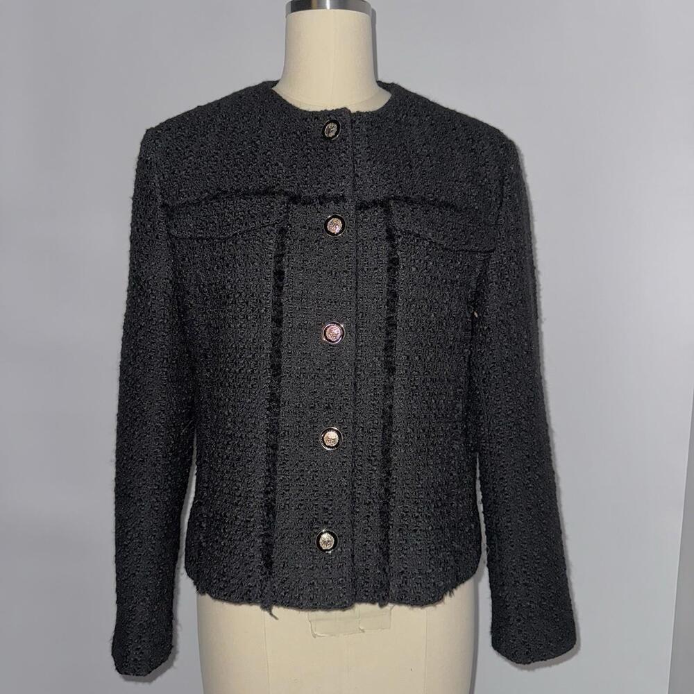 Zara Blazer Jacket Black Textured Tweed Open Short Gold Button M Old Money Style